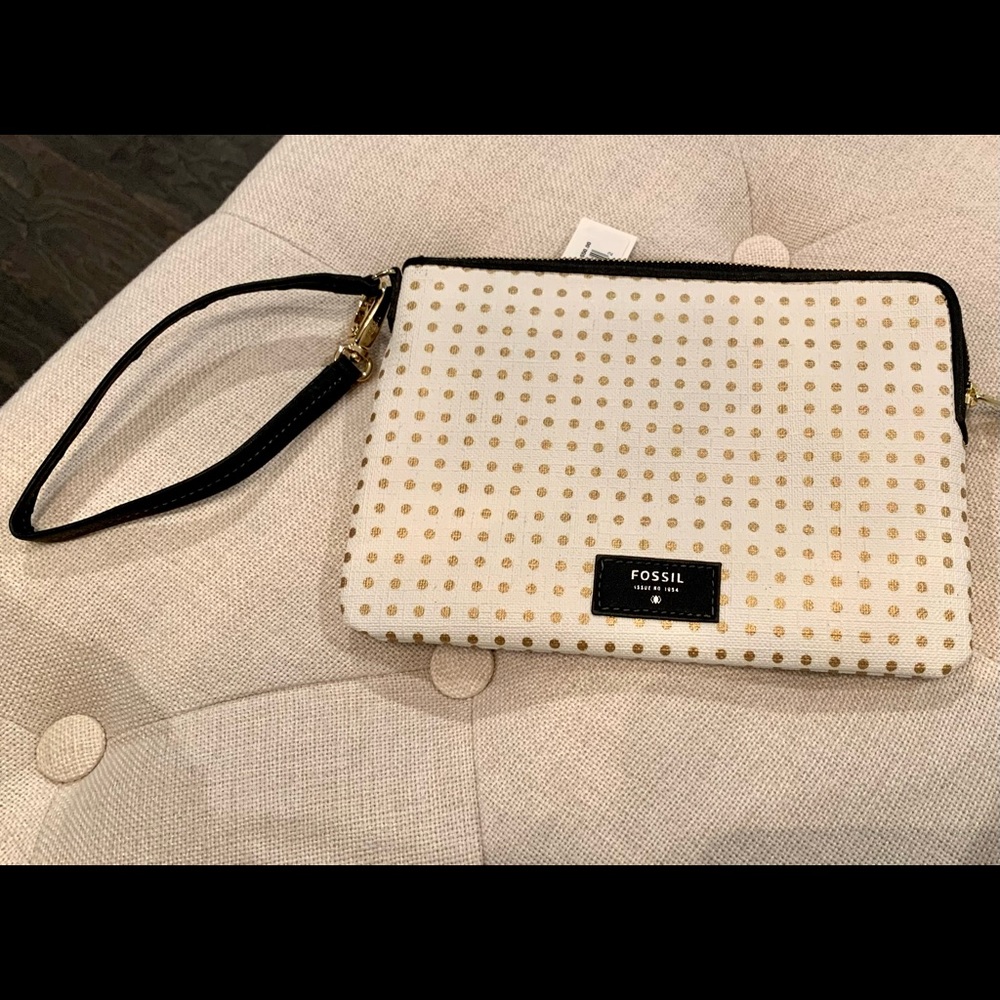 NWT Fossil Wristlet Wallet, White w/ Gold Polka Dots, Black Trim, Gold Hardware.